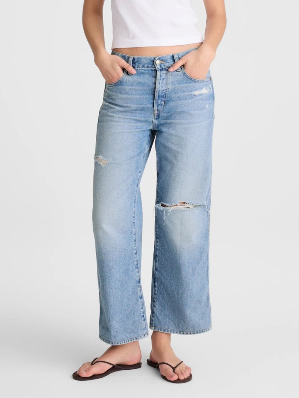 Madewell Low Slung Distressed Baggy Wide Leg Crop Jeans Button Fly Size 27 NWT
